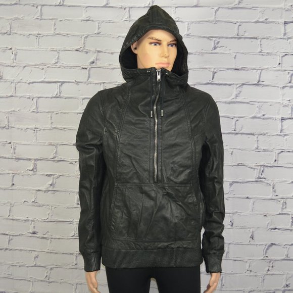 Mens All Saints Zone Hoodie Leather Jacket Motorcycle Jacket size small